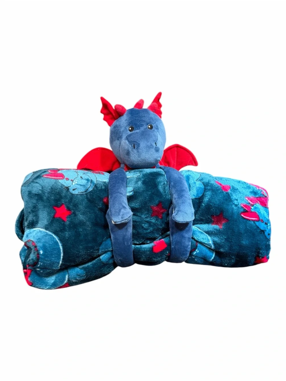 Kids Blue Dragon Plush & Matching Blanket Set - Blue and Red